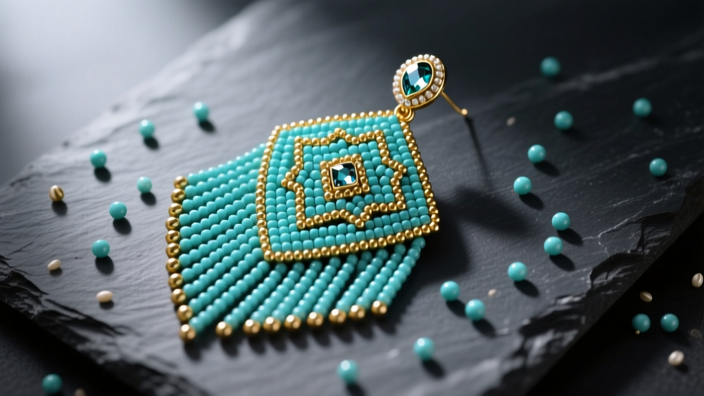 Overhead flat-lay of a completed turquoise and gold beaded fringe earring pattern on a dark slate mat with scattered seed beads.