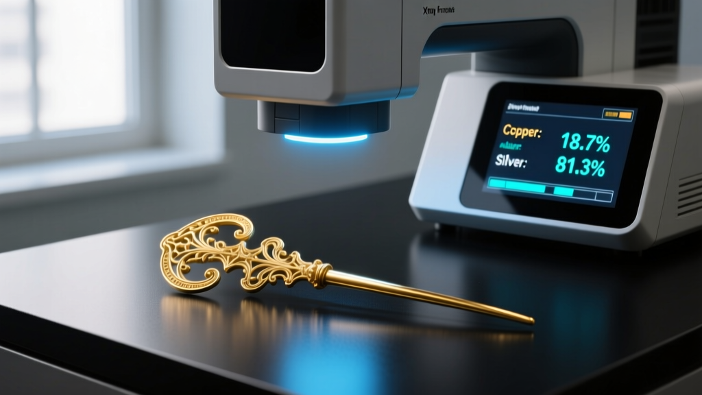 X-ray fluorescence scanner analyzing a Roman gold fibula, displaying a digital readout of copper and silver alloy percentages