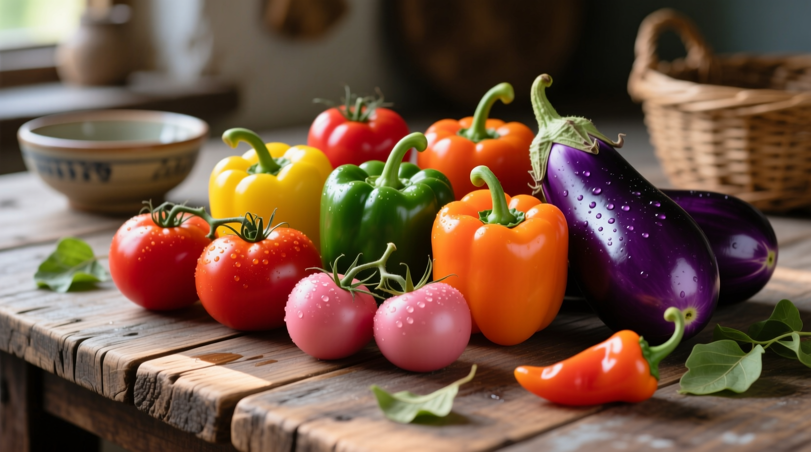 Colorful assortment of tomatoes, peppers, and eggplant on wooden table