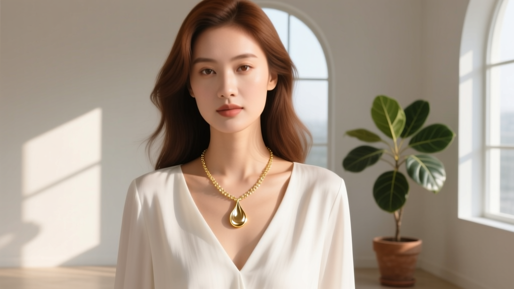 Woman wearing a delicate gold water splash necklace over a white linen V-neck top, photographed in bright, warm natural sunlight.