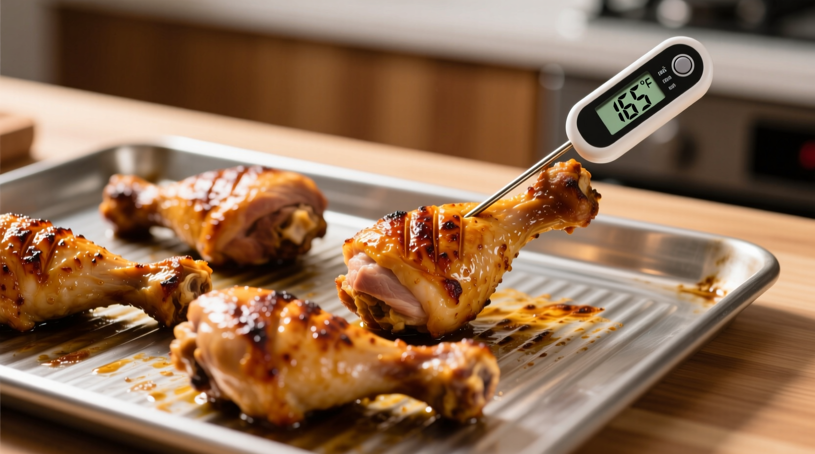 Golden brown chicken drumsticks on baking sheet with thermometer showing 165 degrees