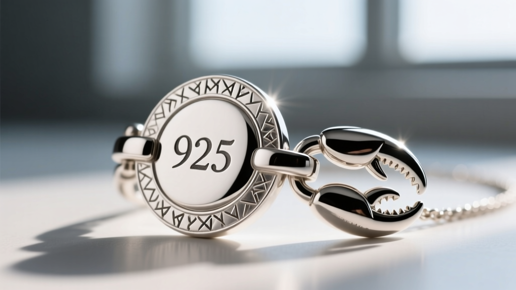 Macro shot of a 925 sterling silver enchanted mirror necklace clasp, showing the 925 stamp and a secure lobster claw mechanism.