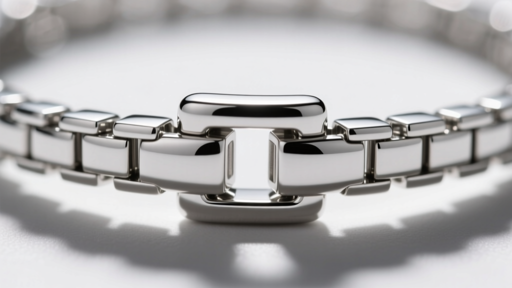 Macro photo of a platinum 950 choker hinge mechanism, showing precise milling and rhodium-plated finishing on the metal joints.