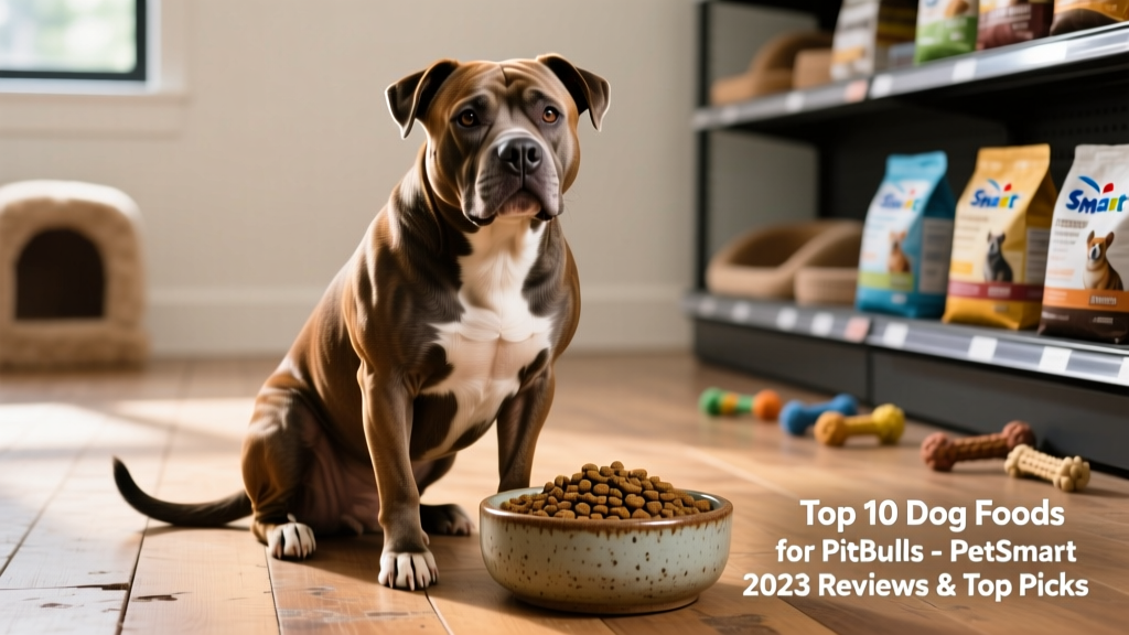 A muscular, healthy adult Pitbull-type dog sitting confidently beside a bowl of kibble
