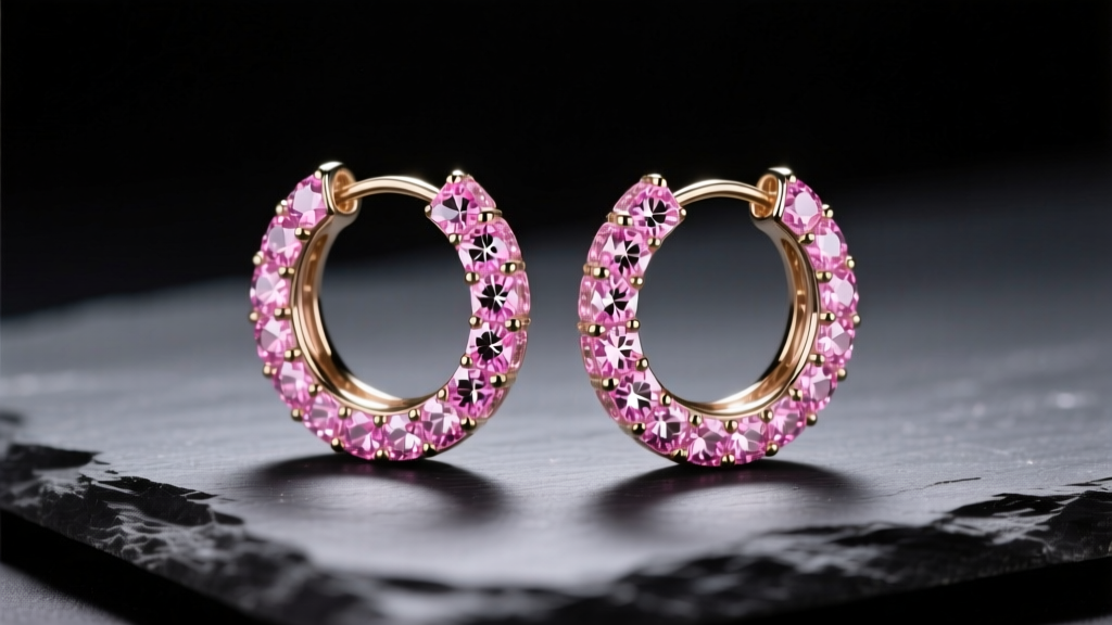 Macro shot of pink cubic zirconia pavé hoop earrings on dark slate, lit by soft studio lighting to highlight the gemstone facets.