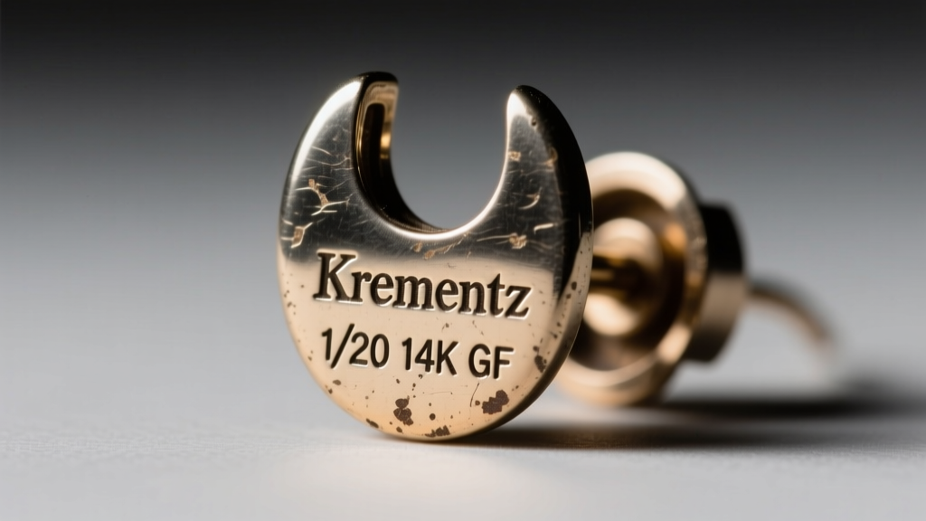 Macro shot of a vintage earring back showing the stamped Krementz hallmark and 1/20 14K GF marking under bright studio lighting.