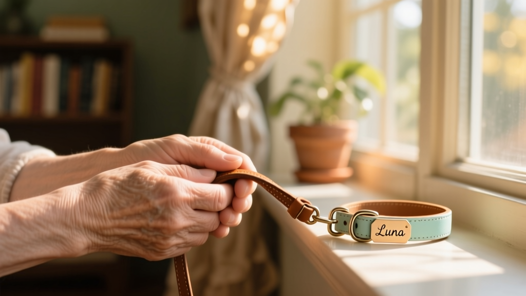 Two hands gently holding a leash and a small collar beside a sunlit window, symbolizing transition and hope