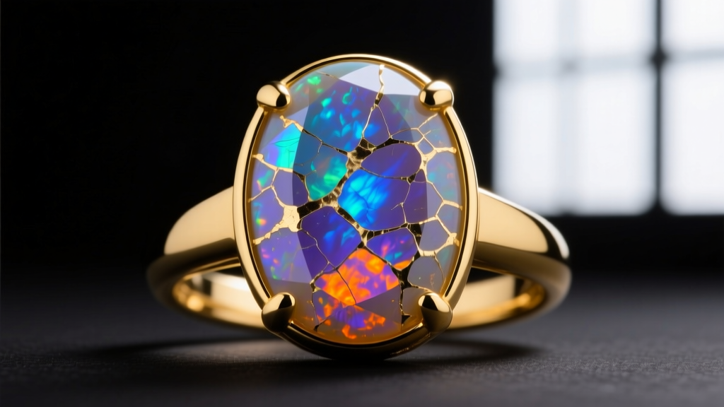 Macro shot of a cracked opal cabochon in 14k yellow gold showing visible crazing lines caused by harsh chemical dehydration.