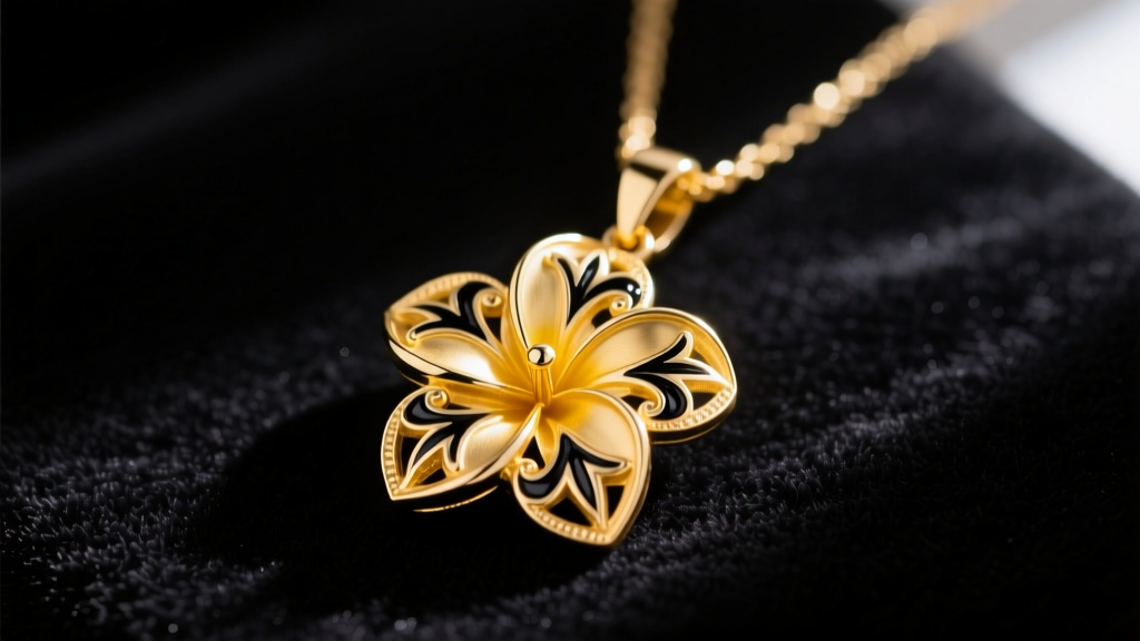 Macro shot of a 14k yellow gold Hawaiian heirloom plumeria pendant necklace with black enamel accents resting on dark velvet.