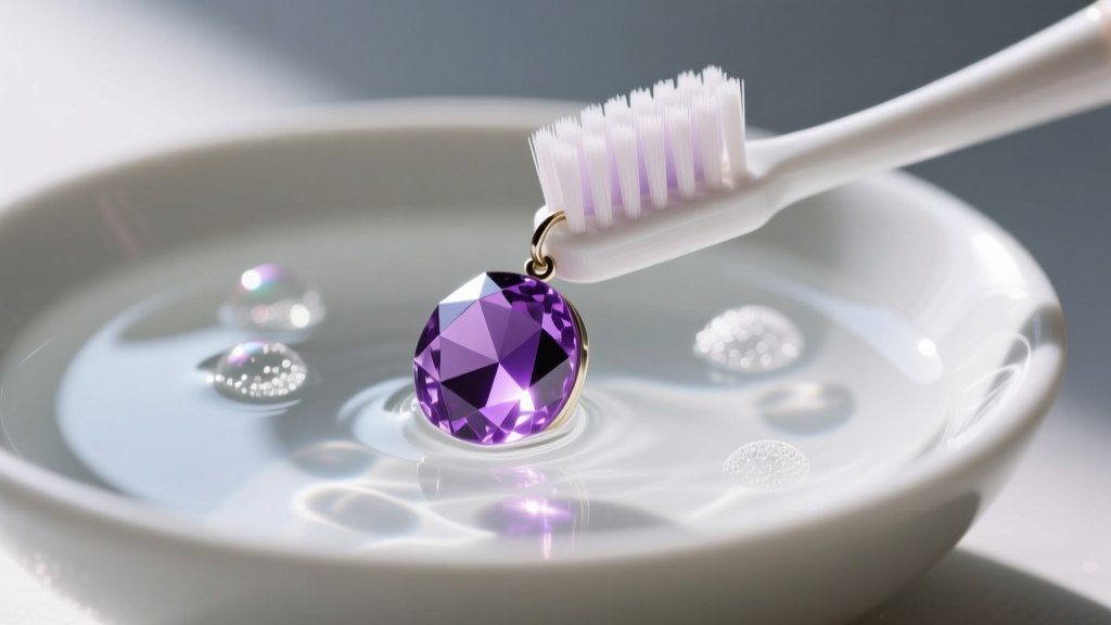 Macro shot of a soft toothbrush gently scrubbing a faceted amethyst bead earring in a shallow bowl of soapy distilled water.