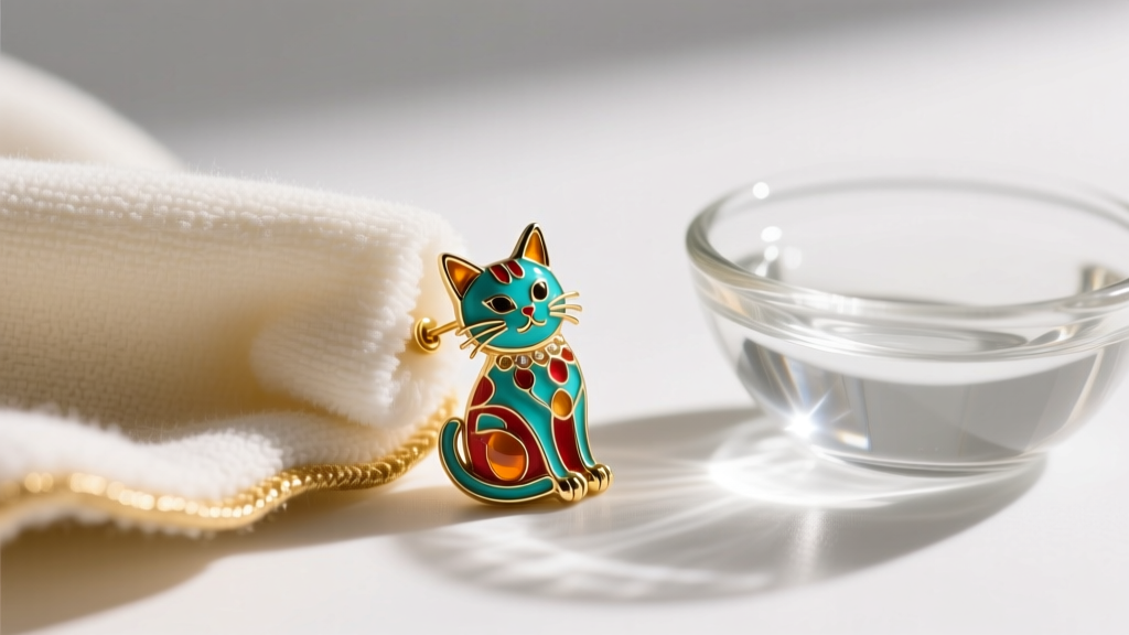 Soft microfiber cloth wiping the gold-tone edge of a colorful enameled cat earring next to a small glass bowl of distilled water.