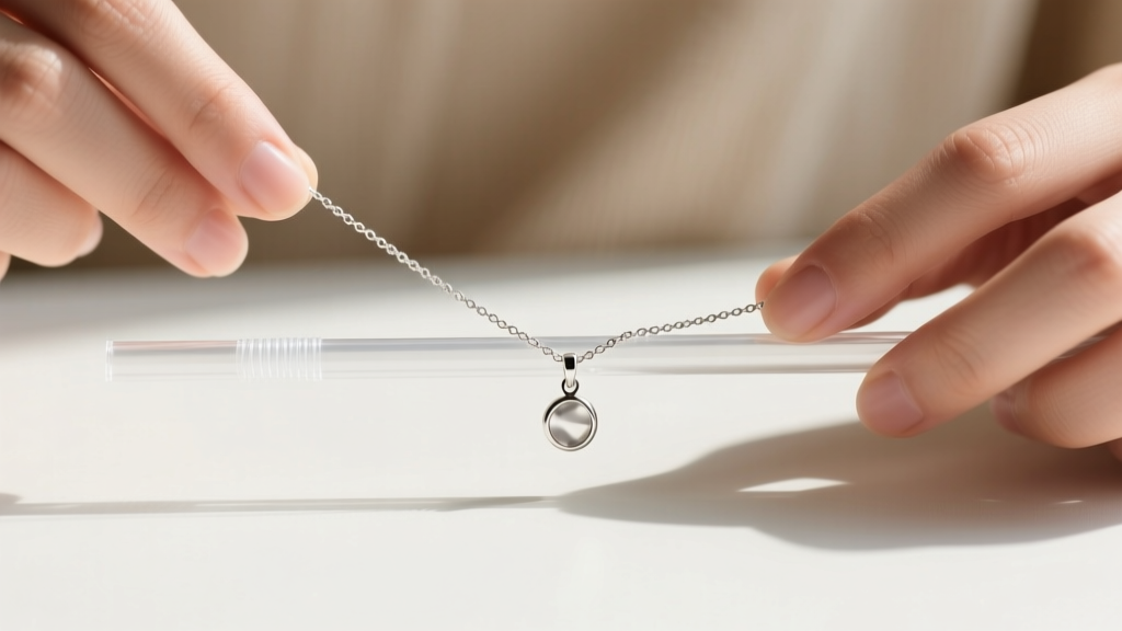Hands threading a delicate silver pendant necklace through a clear plastic drinking straw to prevent tangling during travel.