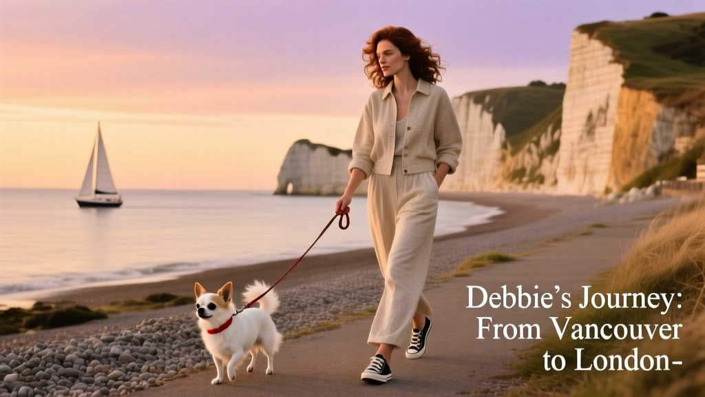 Debbie walking her small chihuahua on a seaside path with cliffs in the background