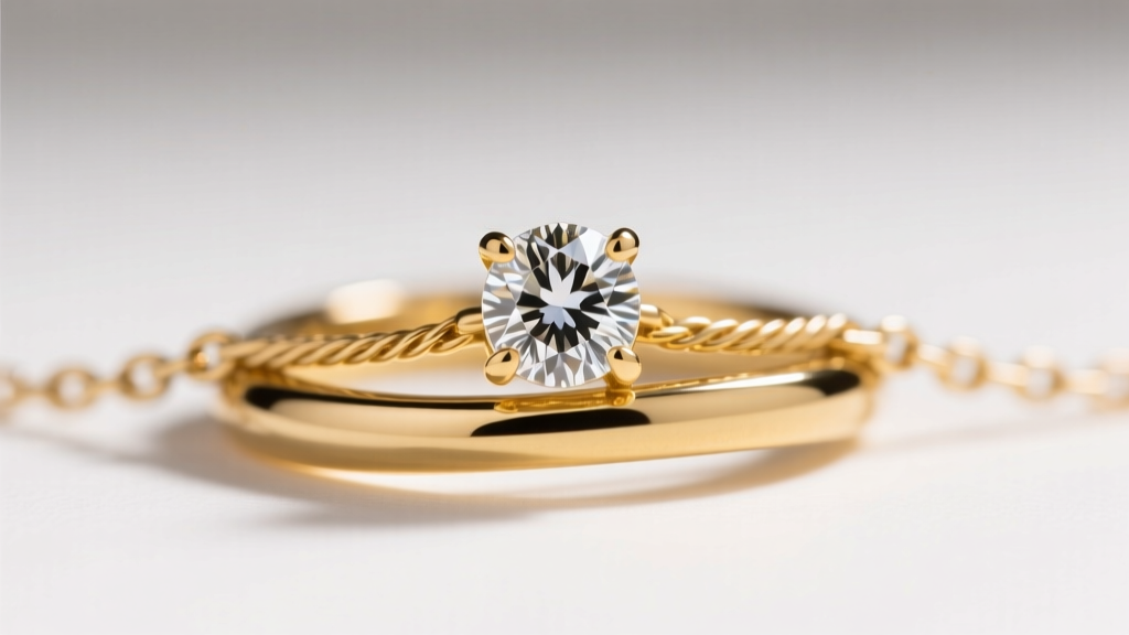 Macro shot of a 14k yellow gold split ring attaching a diamond pendant to a delicate cable chain, soft studio lighting.