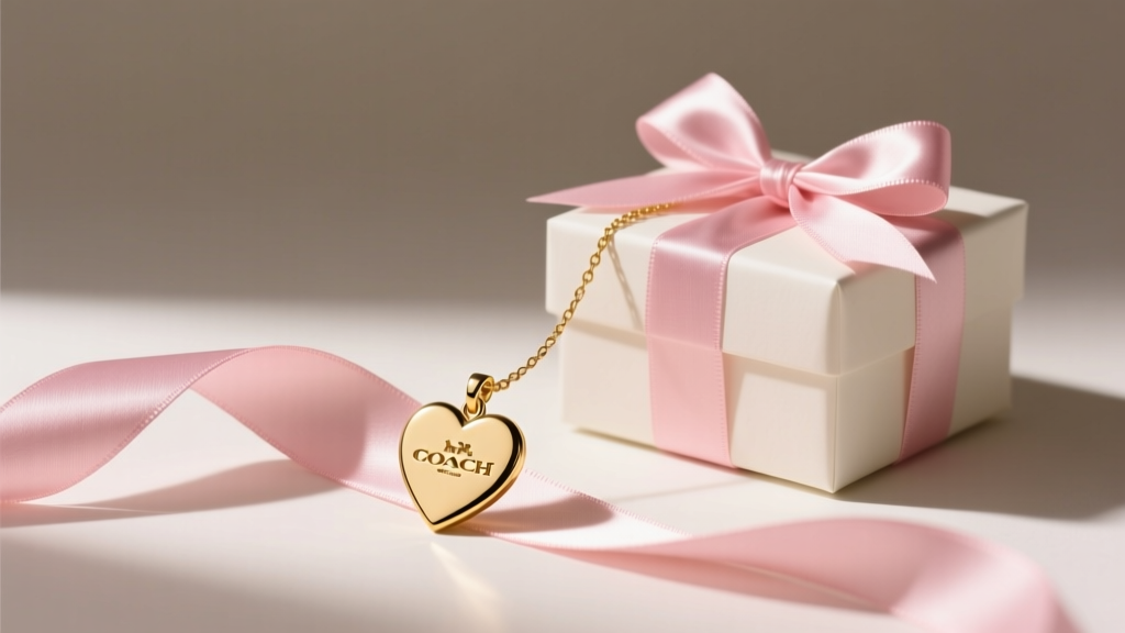 Gold-plated Coach spade heart necklace resting on a blush pink silk ribbon next to a wrapped gift box under soft studio lighting.