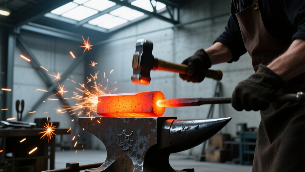 Glowing hot high-carbon steel billet being hammer-forged on an anvil in a dimly lit modern metallurgy workshop with bright orange sparks flying outward