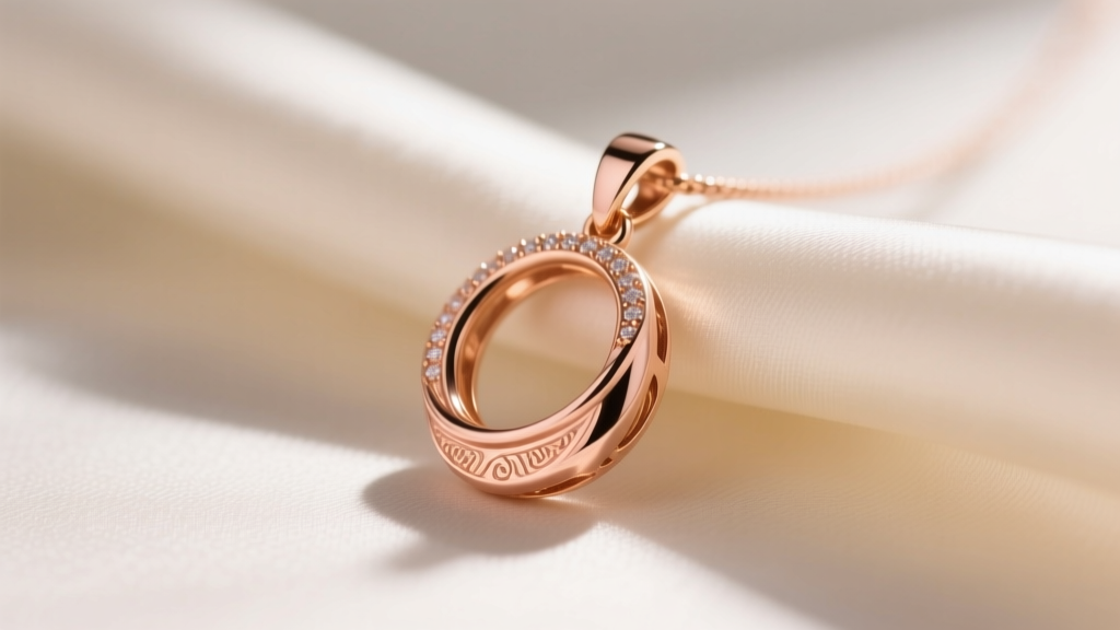 Macro shot of an 18k solid rose gold pendant, showing the subtle peach hue of the metal against a cream silk fabric backdrop
