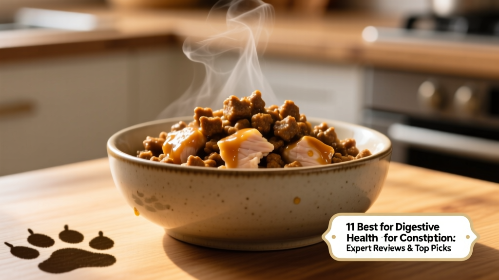 Close-up of a bowl of moist, meaty cat food with visible texture and gravy