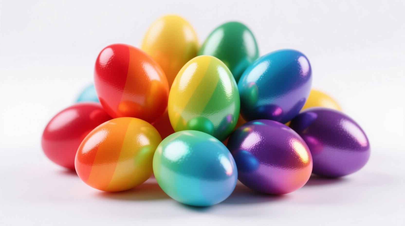 Vibrant colored eggs in rainbow hues on white background