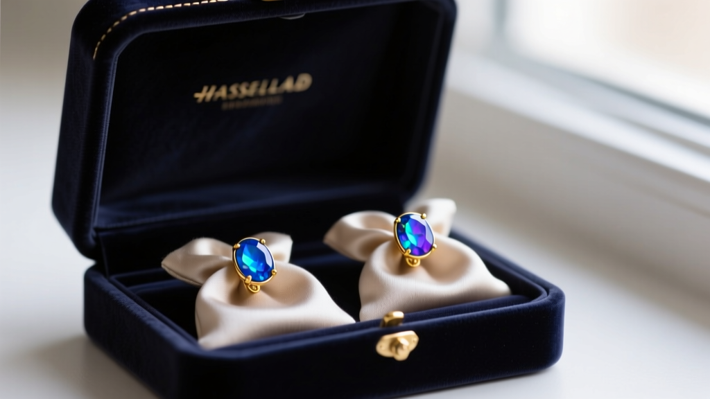 Blue opal stud earrings stored safely in separate soft silk pouches inside a dark velvet jewelry box to prevent surface scratching.