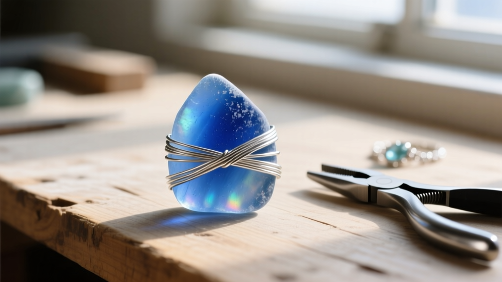 Close-up of frosted cobalt blue sea glass wrapped in 20-gauge silver wire on a wooden workbench with jewelry pliers nearby