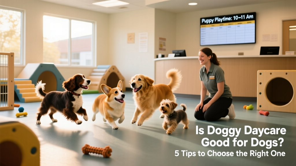 A cheerful, well-supervised group of dogs playing together in a bright, clean indoor play area