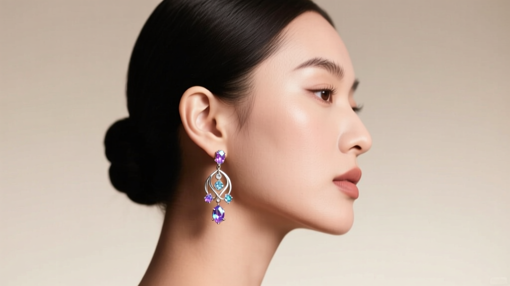 Side profile of a model wearing lightweight titanium chandelier earrings with pastel sapphire accents under soft studio lighting.