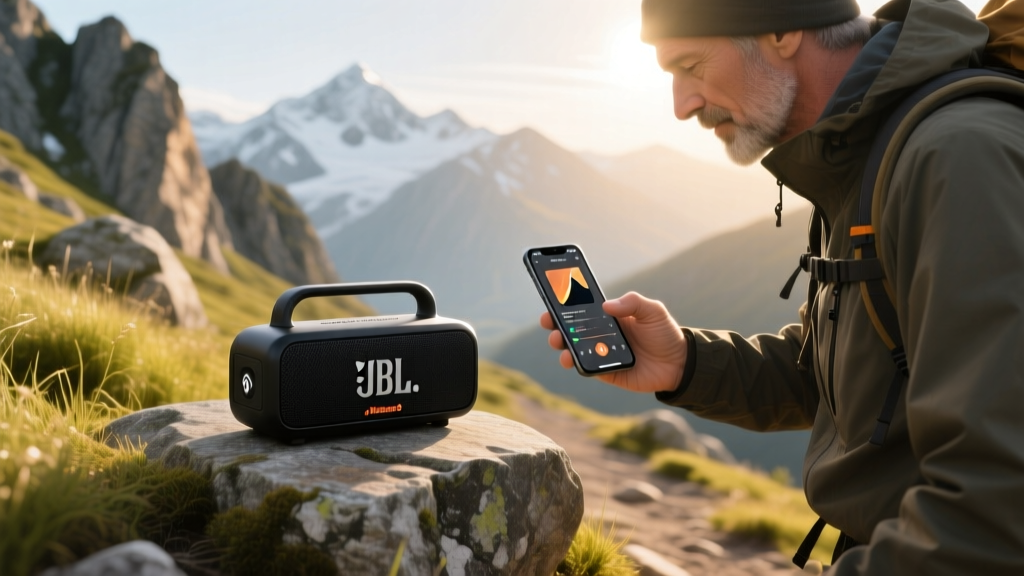 Hiker adjusting a rugged JBL Charge 5 Wi-Fi Bluetooth speaker on a rocky mountain trail while checking a smartphone playlist