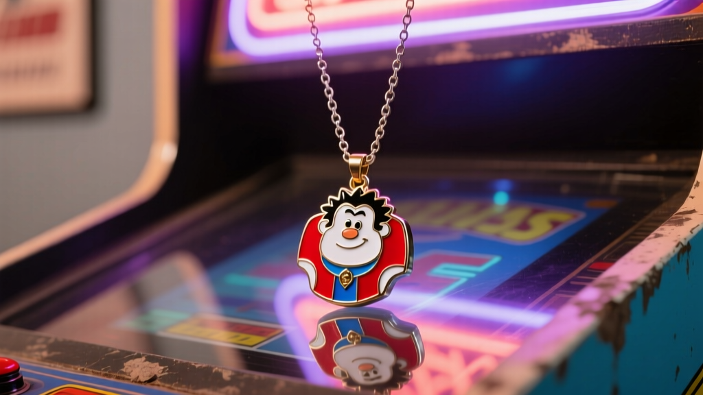 Hard enamel Wreck It Ralph pendant on a steel chain, resting on a vintage arcade glass surface under warm neon lighting.