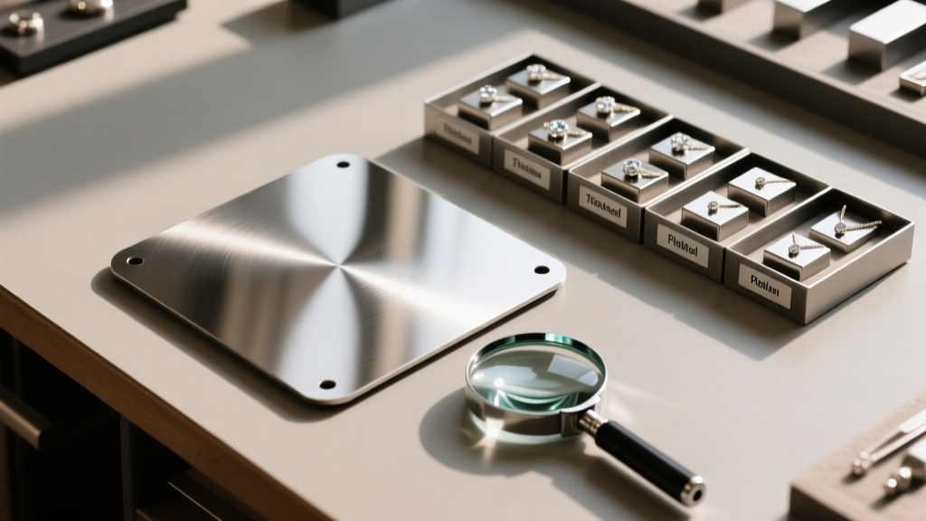 Overhead view of a workbench showing metal alloys, a loupe, and a titanium backing plate used for a hypoallergenic stud necklace.