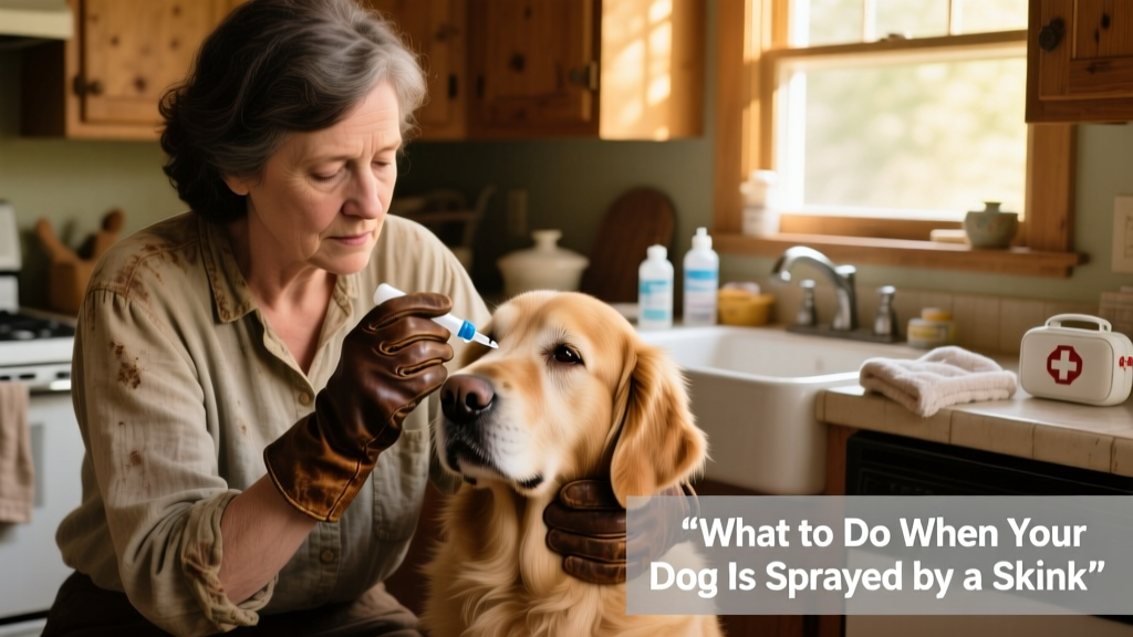 Person wearing gloves and old shirt gently holding dog’s head while rinsing eyes with saline solution