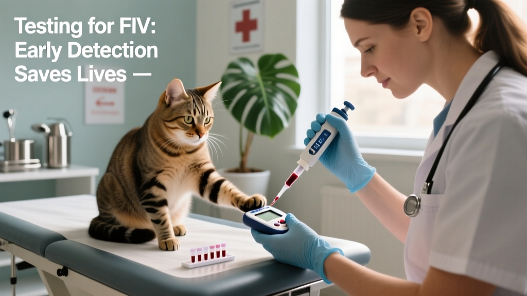 Veterinary technician performing an in-clinic ELISA test using a rapid diagnostic kit on a cat's blood sample