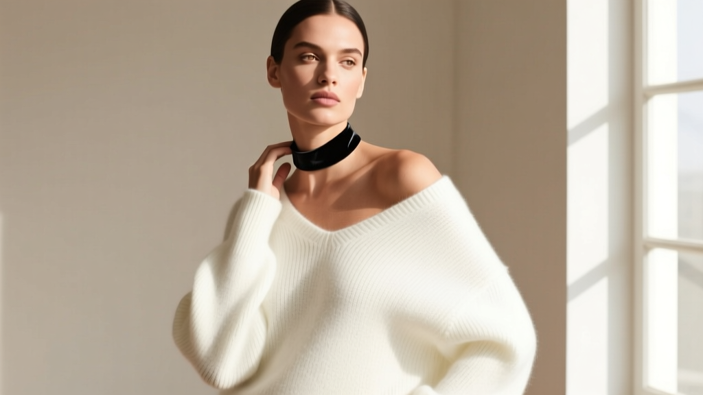 Editorial shot of a model wearing a thin black velvet hickey necklace paired with an oversized white off-the-shoulder knit sweater