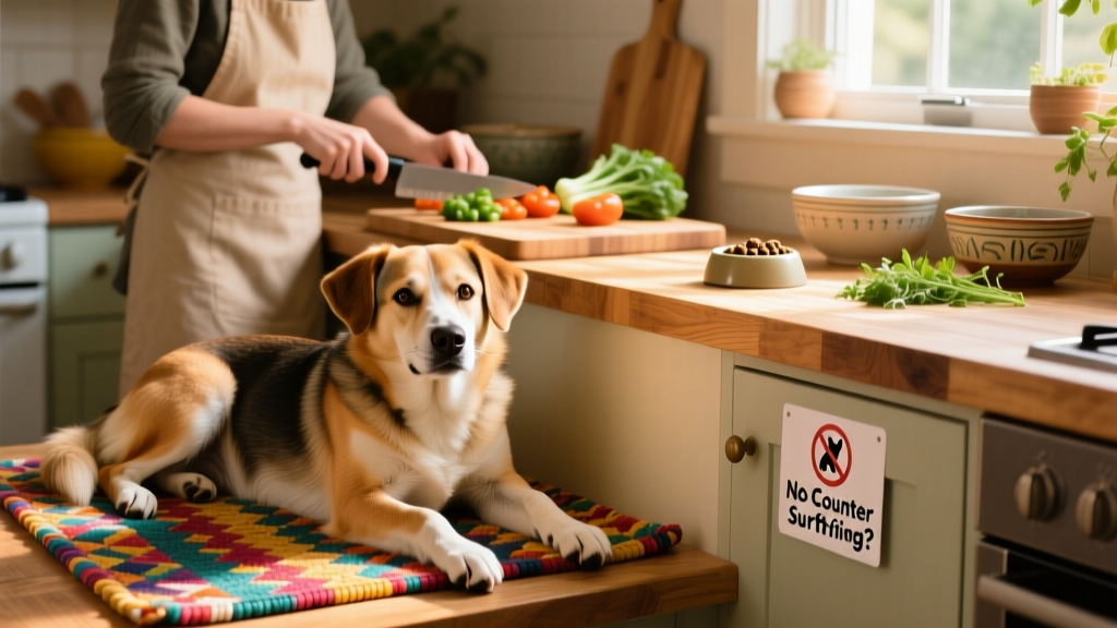 A dog calmly lying on a colorful mat beside a kitchen counter while a person chops vegetables nearby