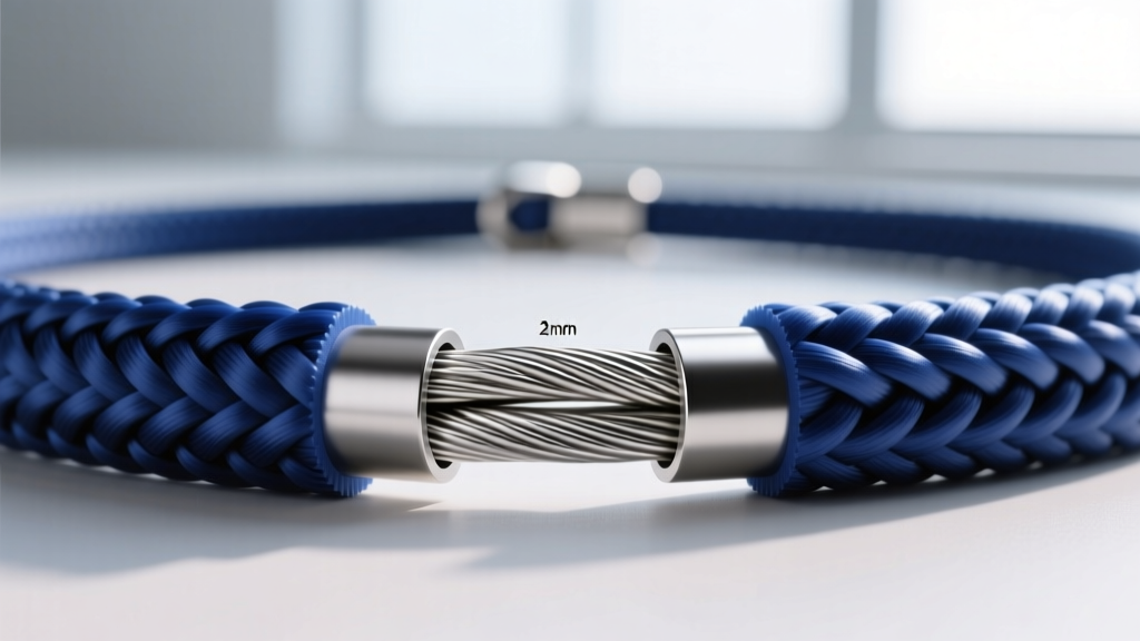 Cross-section diagram style photo showing a 2mm wire-cored nylon necklace strap with exposed stainless steel micro-cable core.