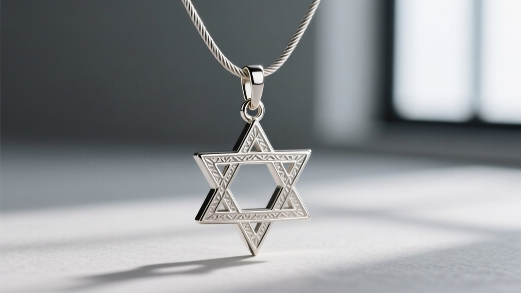 Macro shot of a tiny silver star of David pendant showing a soldered 20-gauge jump ring connecting to a fine 1mm cable chain.