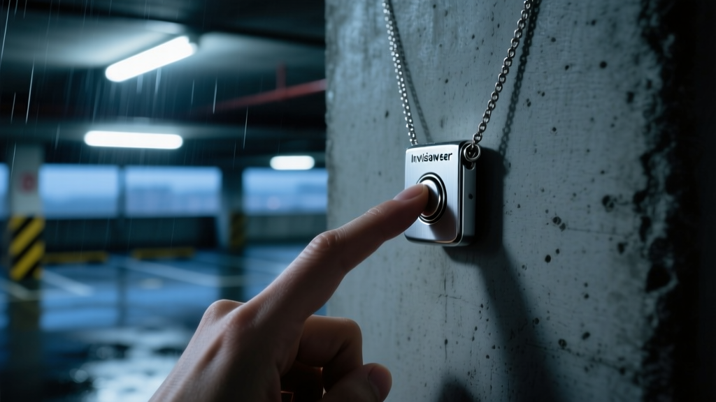 A finger pressing the hidden panic button on a silver Invisawear necklace clasp in a dimly lit urban parking garage.