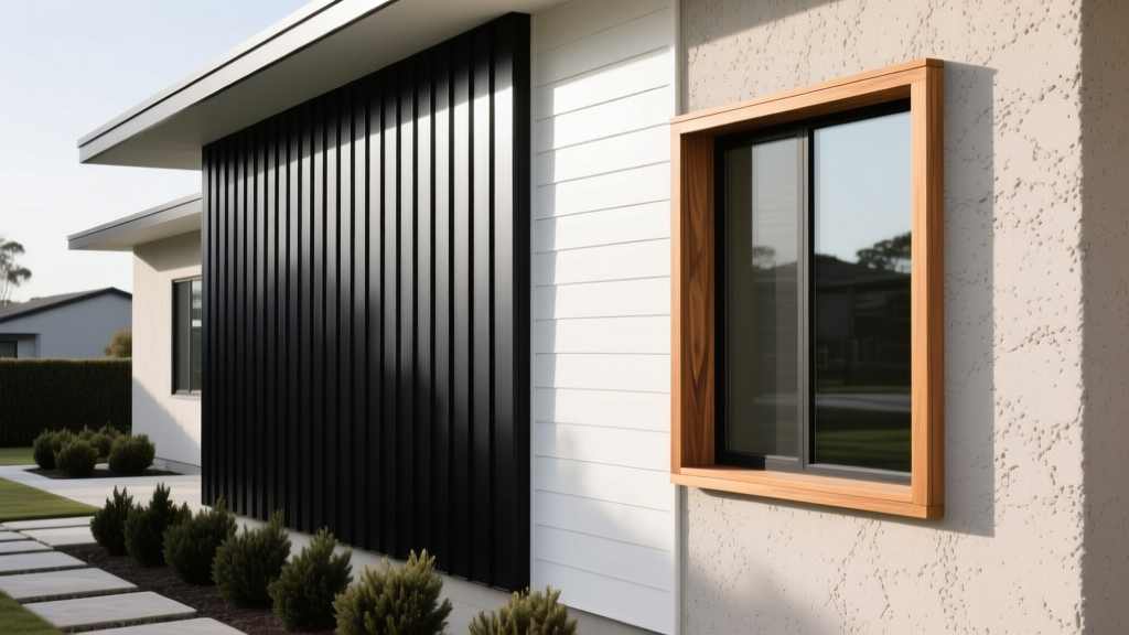Modern home exterior showing matte black fiberglass, white vinyl, and wood-clad window frames installed side-by-side on a textured stucco wall