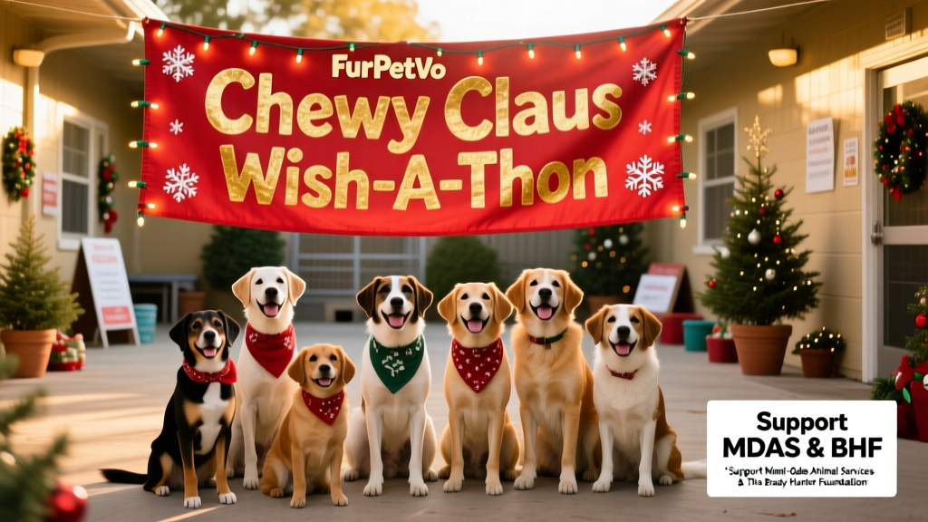 A festive FurPetVo Chewy Claus Wish-A-Thon banner with smiling shelter dogs, holiday lights, and 'Support MDAS & BHF' text