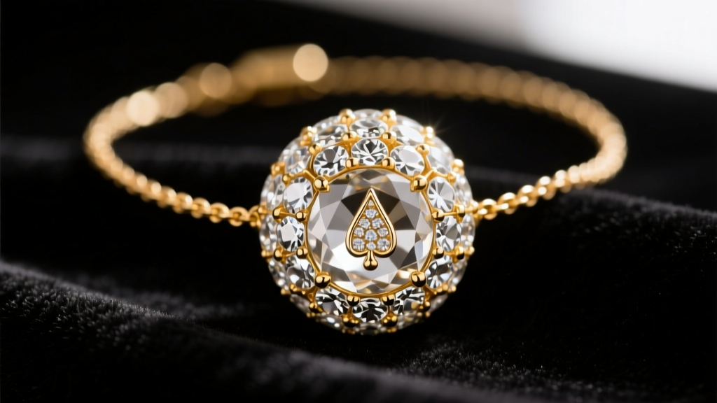 Close-up of a gold-plated Kate Spade crystal ball necklace on dark velvet, highlighting the pavé sphere and signature spade charm.