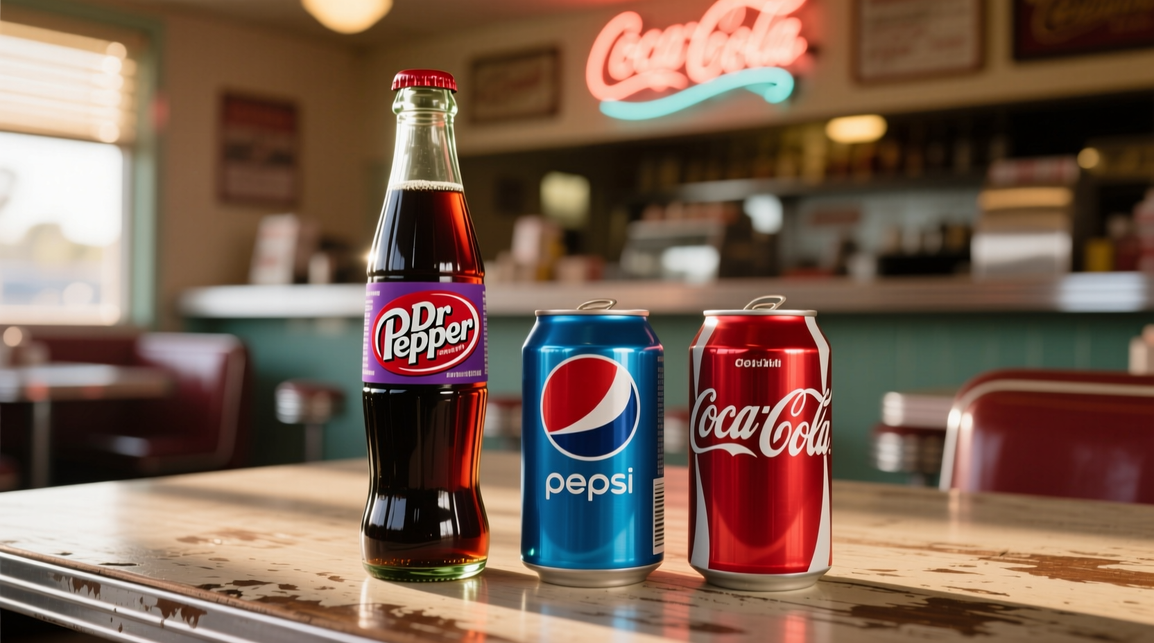 Dr Pepper bottle next to Pepsi and Coke cans
