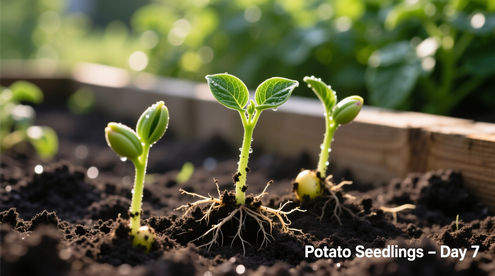 Potato seedlings emerging from soil in garden bed