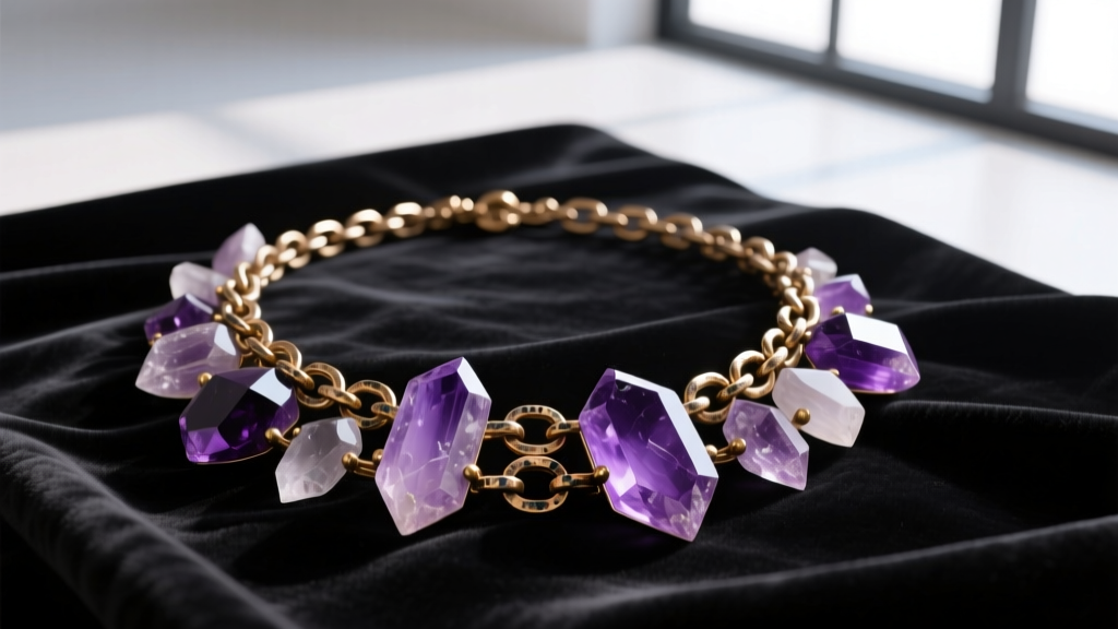 Flat lay of a mixed-media statement necklace with raw amethyst crystals and oxidized brass chains resting on dark velvet fabric.