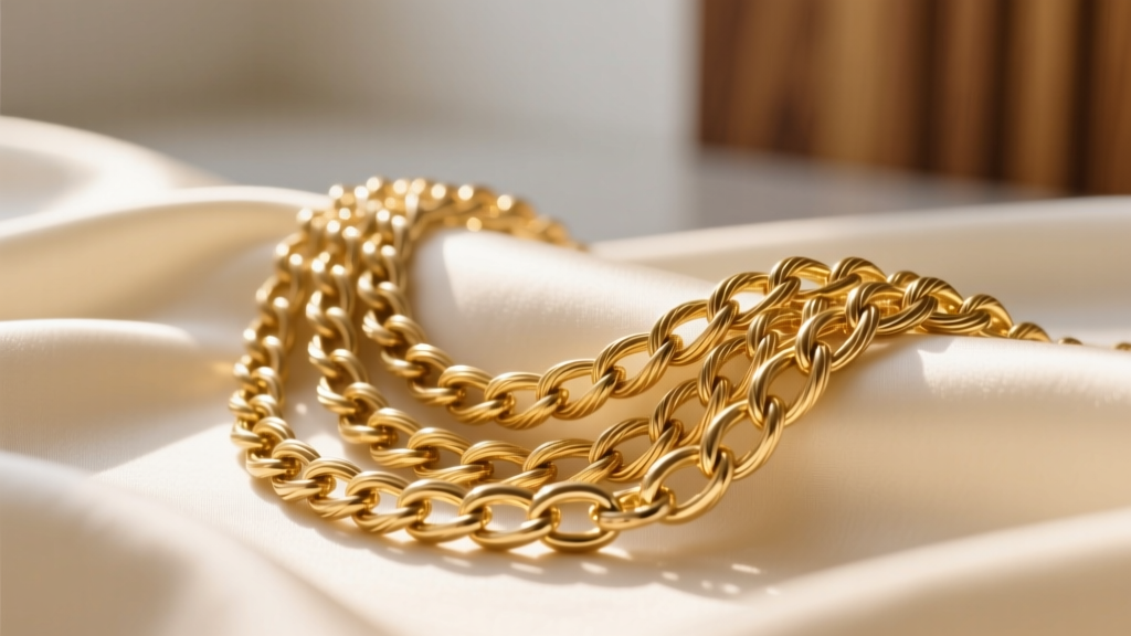 Macro editorial shot of layered 14k gold filled rope and cable chains on cream silk, illuminated by soft warm morning light.