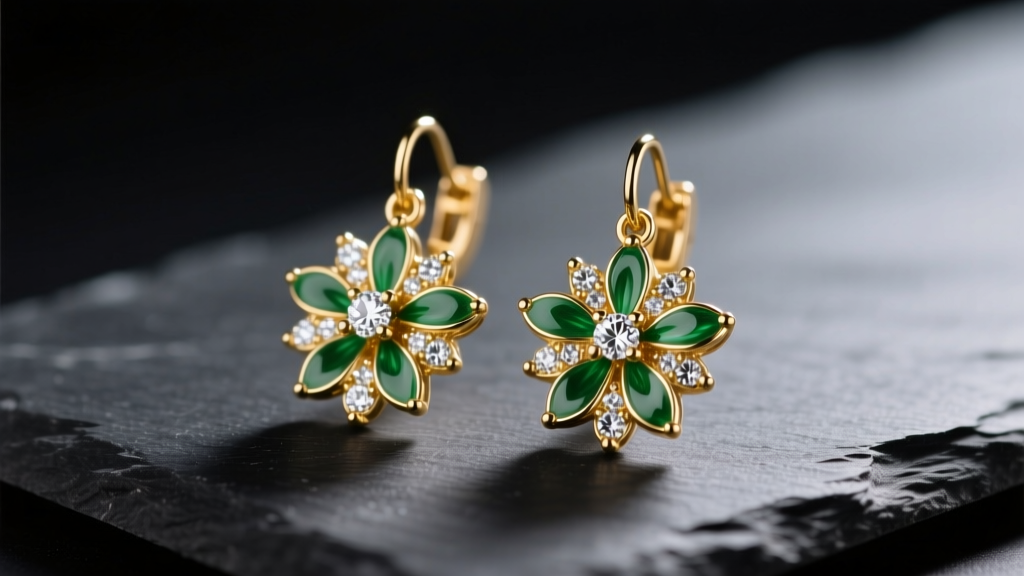 Macro shot of gold floral drop earrings with pave diamonds and green enamel petals resting on dark slate under soft studio light