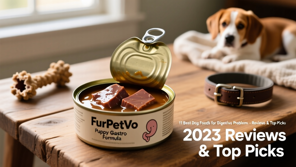 Open can of FurPetVo Puppy Gastro Formula showing moist, meaty texture with visible liver pieces and gravy