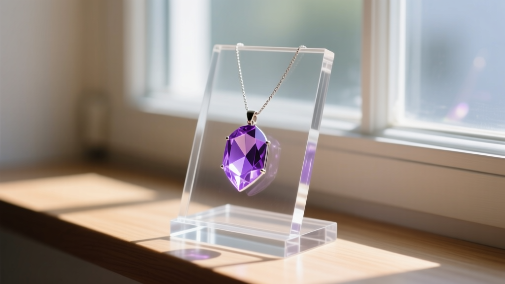 UV-filtering acrylic necklace easel near a sunlit window, protecting a delicate amethyst pendant from harsh ultraviolet rays.