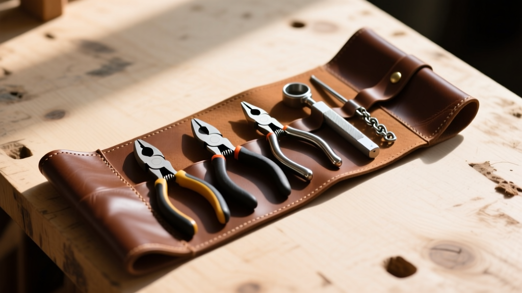 High-angle view of a leather tool roll with flush cutters, chain nose pliers, and a magnetic tester on a wooden workbench.