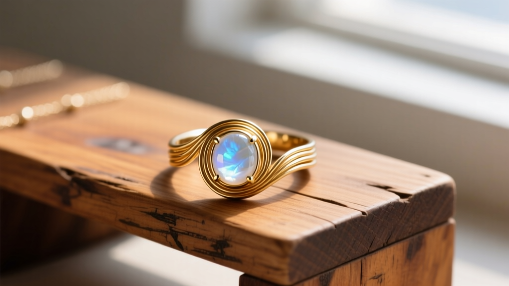 A minimalist 22-gauge gold-filled wire wrap ring featuring a tiny bezel-set moonstone, resting on a rustic wooden jewelry bench.