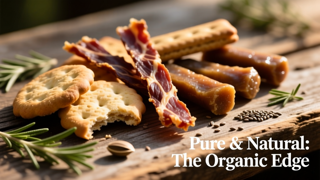 A close-up of assorted organic dog treats on a wooden surface, including biscuits, jerky strips, and soft chews